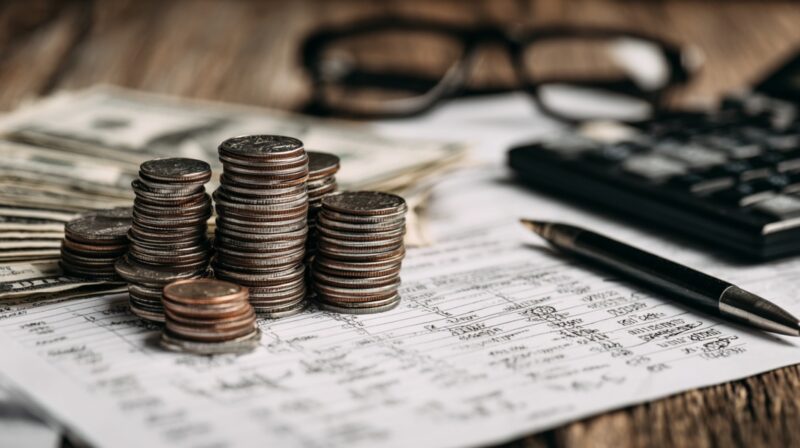 Stacks of coins on financial papers with a pen and calculator nearby