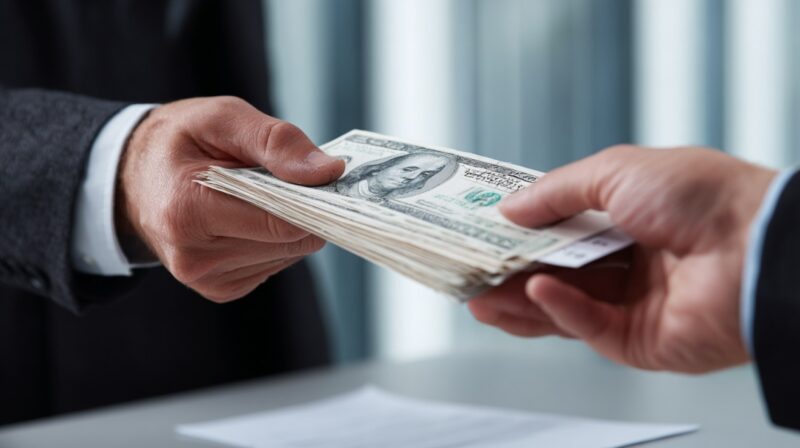 Hands exchanging a stack of U.S. hundred dollar bills in a business setting