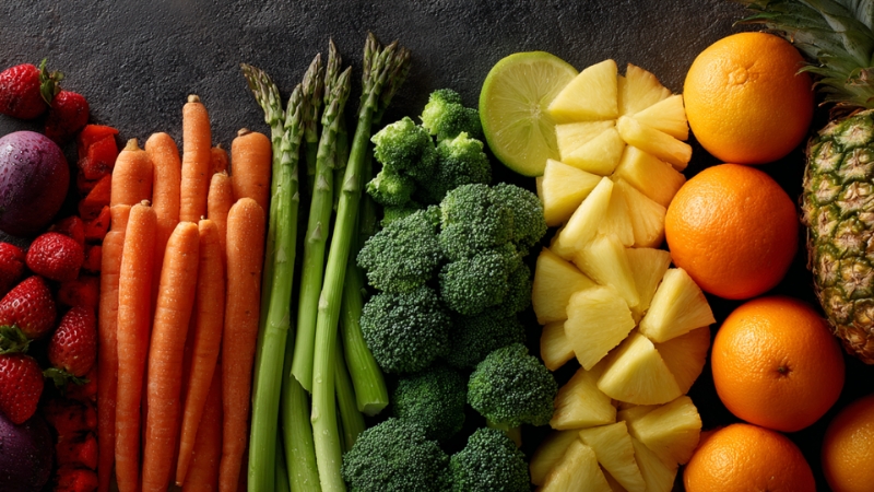 Fresh fruits and vegetables arranged on a table, a common symbol of realistic and sustainable eating