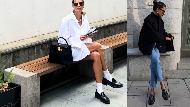 Two outfits styled with black loafers, paired with a white dress and with jeans and a blazer
