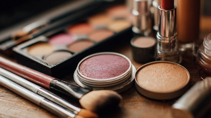 Close-up of assorted makeup products and brushes on a wooden surface