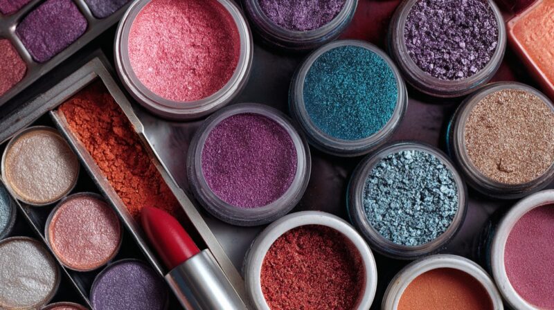 Close-up view of various loose eyeshadow powders and lipstick in bright colors