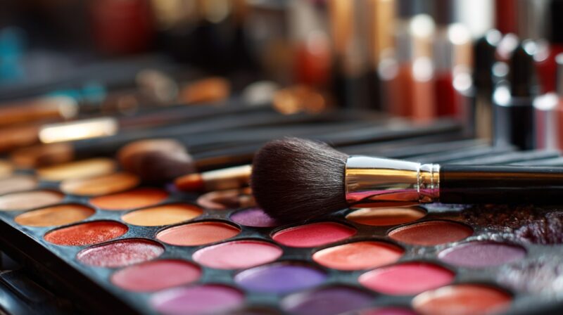 Close up of colorful makeup palette with brushes placed on top