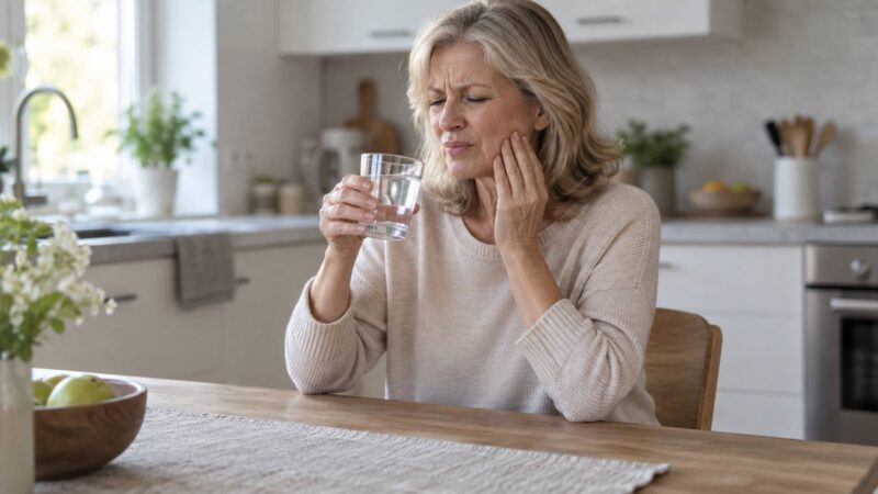 Woman over 50 experiencing tooth sensitivity while drinking water.