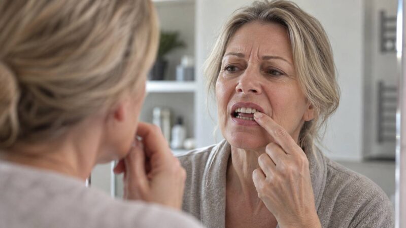 Woman over 50 examining her front teeth in the bathroom mirror.
