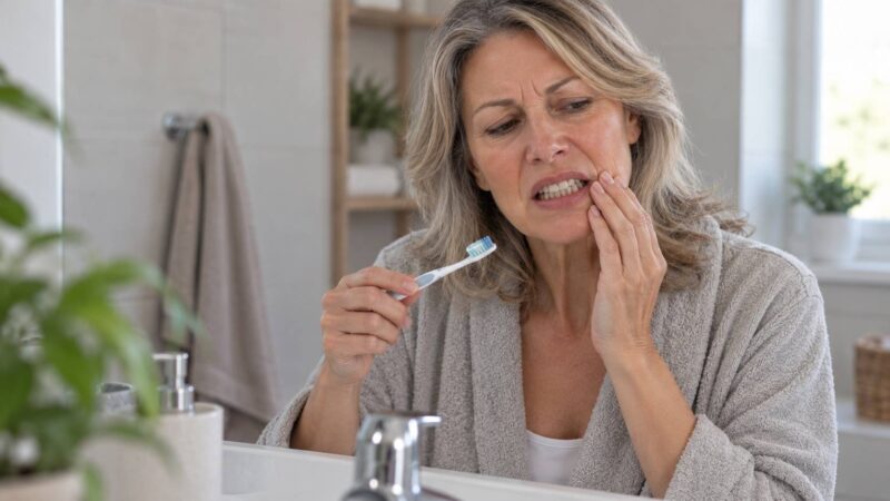Woman over 50 experiencing gum sensitivity while brushing her teeth.